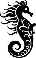 A stylized black and white silhouette of a seahorse with intricate detailing and a flowing mane vector