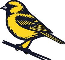 A cheerful yellow canary perched on a branch, depicted in a bold, graphic style vector