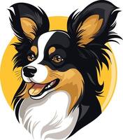 Cute cartoon illustration of a friendly black and tan papillon dog with big ears and a happy expression vector