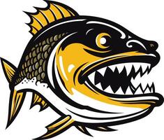 Aggressive, cartoon-style illustration of a fish with sharp teeth and a bold, yellow and black design vector