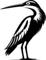 Black and white illustration of a heron in profile, standing on one leg with its beak pointing forward vector