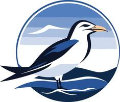 A stylized illustration of a seagull perched on a wave, with a minimalist background of sky and sea vector
