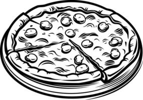 A classic illustration of a delicious pizza with a slice pulled out, perfect for menus, restaurant branding, or food-related content vector