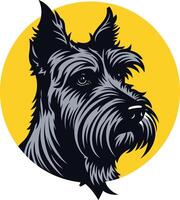 A striking illustration of a black schnauzer's head, rendered in a bold, graphic style, set against a vibrant yellow circle vector