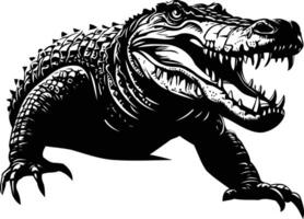 A fierce, black and white silhouette of an alligator with an open mouth, showing sharp teeth, ready to strike vector