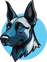 A fierce and powerful german shepherd head illustration, rendered in a bold and graphic style against a blue background vector