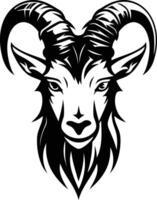 A striking black and white illustration of a goat's head, featuring bold horns and intricate detailing vector