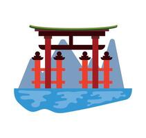 Japanese tori gate in the ocean with mountains and water vector