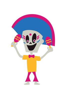 A cartoon skeleton with a maracas in his hand
