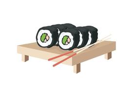 Sushi on a wooden tray with chopsticks vector