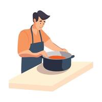 Man cooking soup in a pot on the table vector