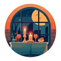 A table with candles and wine bottles in front of a window vector