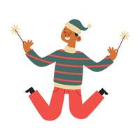 A man in a christmas sweater is jumping with sparklers vector