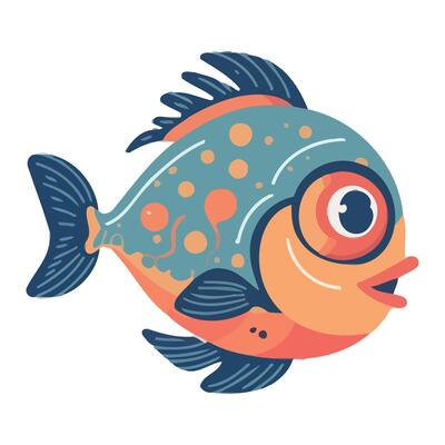 A cartoon fish with blue and orange spots
