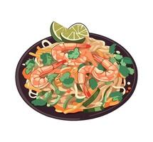 Thai noodles with shrimp and vegetables on a plate vector