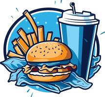 A cartoon illustration of a juicy burger, a frosty drink, and a pile of fries, perfect for menus, social media posts, or restaurant branding vector