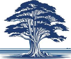 A bold, blue silhouette of a strong, ancient tree with intricate branching and deep roots vector