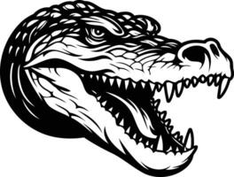 A fierce and detailed black and white illustration of an alligator head, showing sharp teeth and a menacing expression vector