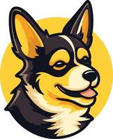 A friendly, cartoon-style illustration of a smiling corgi's face against a yellow background vector
