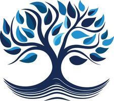 A stylized blue tree with roots in water, representing growth, stability and connection vector
