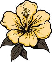 A vibrant yellow hibiscus flower with bold black outlines and two dark green leaves, ideal for tropical themes, summer designs, and floral illustrations vector