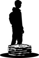 A dramatic silhouette of a young person with a backpack standing on a stack of pancakes vector