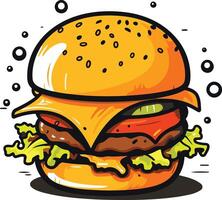 A cartoon illustration of a juicy burger with all the fixings this fun, vibrant image is perfect for menus, social media, or any project with a playful feel vector