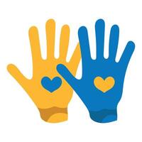 Two hands with blue and yellow hearts on them vector