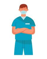 A man in scrub clothes with a surgical mask on his face vector