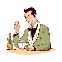 A man in a tuxedo eating a bowl of cereal vector