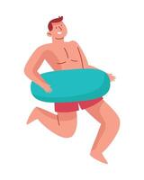 Man in swimming trunks holding an inflatable pool float vector