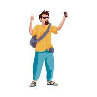 A man with a beard and sunglasses is holding a cell phone vector