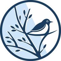 A minimalist logo featuring a stylized bird perched on a branch, set against a soft blue background vector