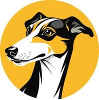 A striking illustration of a whippet dog's head, rendered in a bold, graphic style vector