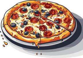 A delicious, cartoon-style pepperoni pizza with olives and melted cheese, ready to be devoured vector