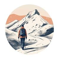 A man is walking in the mountains with a backpack vector