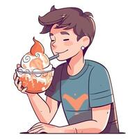 A man eating an ice cream sundae with a straw vector