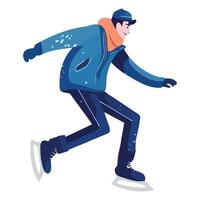 A man in a blue jacket and hat is skating on ice vector