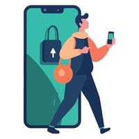 A man is walking with a bag and a phone vector