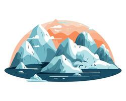 Icebergs and mountains in the ocean at sunset vector