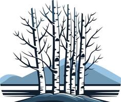 A simple yet elegant illustration of a stand of birch trees against a blue mountain backdrop vector