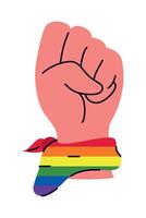 A fist with a rainbow flag tied around it vector