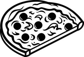 A simple, black and white illustration of a slice of pizza with visible cheese, sauce, and toppings vector
