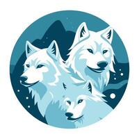 Three white wolfs in a circle with mountains in the background vector
