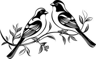 Two stylized birds perched on a branch, in a simple, elegant black and white design vector
