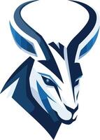 A striking, modern logo design featuring a stylized antelope head with sharp, angular lines in bold blue and white vector
