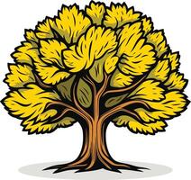 A cartoon illustration of a large, stylized tree with a thick trunk and yellow leaves vector