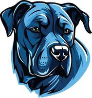 A stylized, blue-toned illustration of a dog's head, with a bold and powerful expression vector