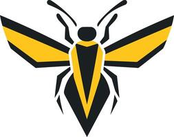 Bold and geometric insect logo design, featuring a stylized bee with sharp angles and vibrant yellow accents vector