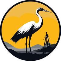 A stylized silhouette of a crane standing in a sunset landscape, perfect for nature-themed logos, branding, and environmental design vector